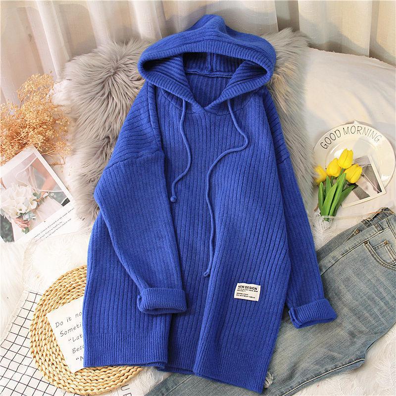 WTEMPO Hooded Long Sweater Drop Shoulder Women Autumn Winter Solid Knitted Pullovers Warm Loose Casual Knitwear Hoody Jumper