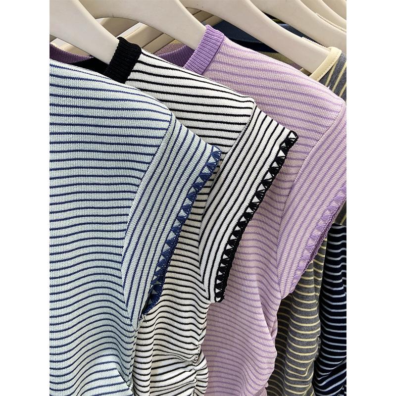 Premium sense flying sleeve T-shirt women's contrasting color striped knitted short sleeve summer small casual and thin bottoming top
