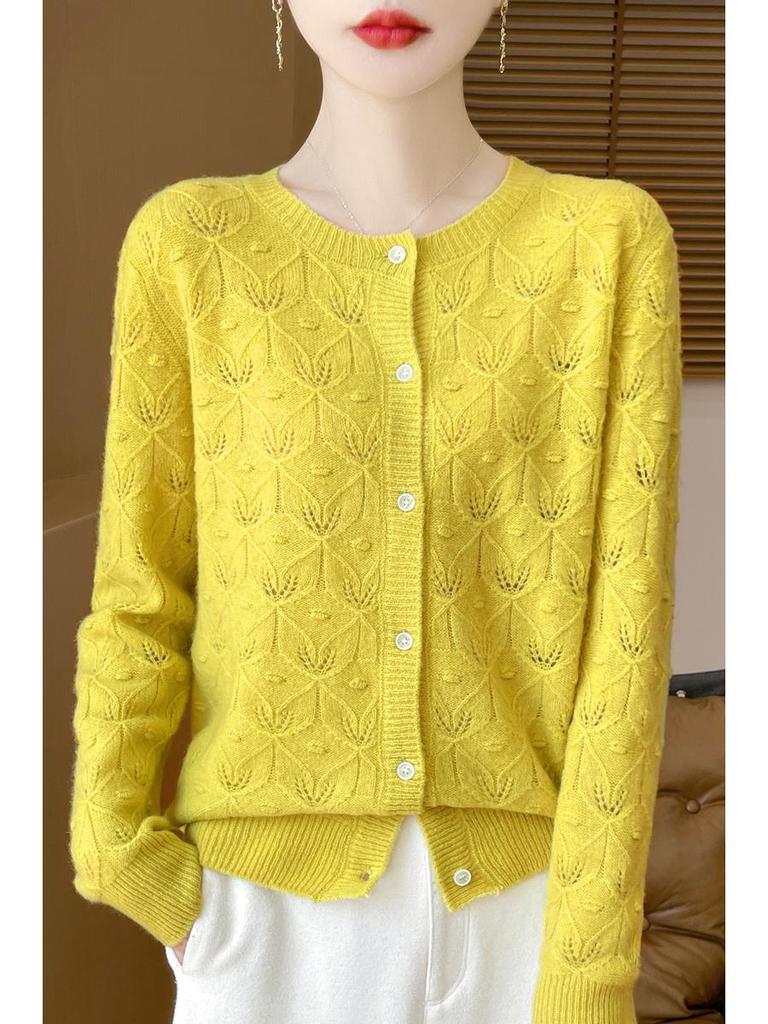 2024 Early Autumn Women's Merino Wool Round Neck Knit Cardigan with Hollow Details
