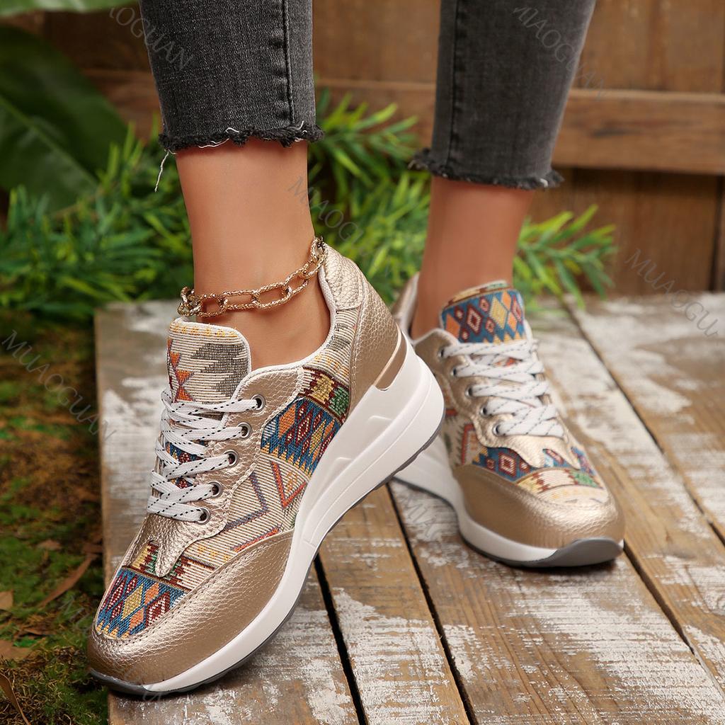 Women's Shoes Spring Autumn Casual Sneakers Wedges Ethnic Style Colorblocking Round Toe Vulcanize Shoes Lace Up Large Size Tenis