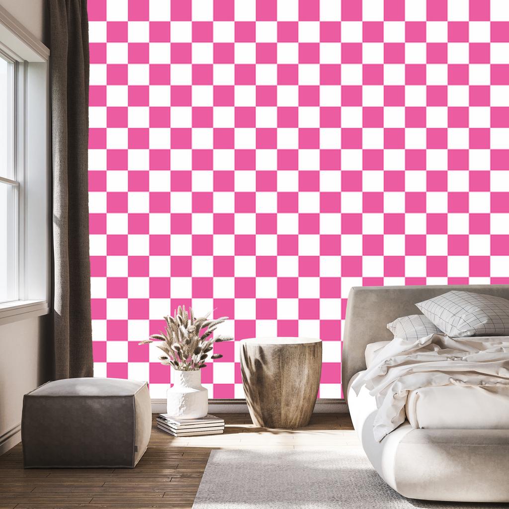 Checkerboard wallpaper, white and purple, powder pink background, 50x1000