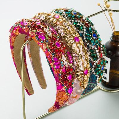 Women's Hairband Baroque Vintage Colored Glass Crystal Hair Ornament Embroidery Sponge Wide Edge Headband