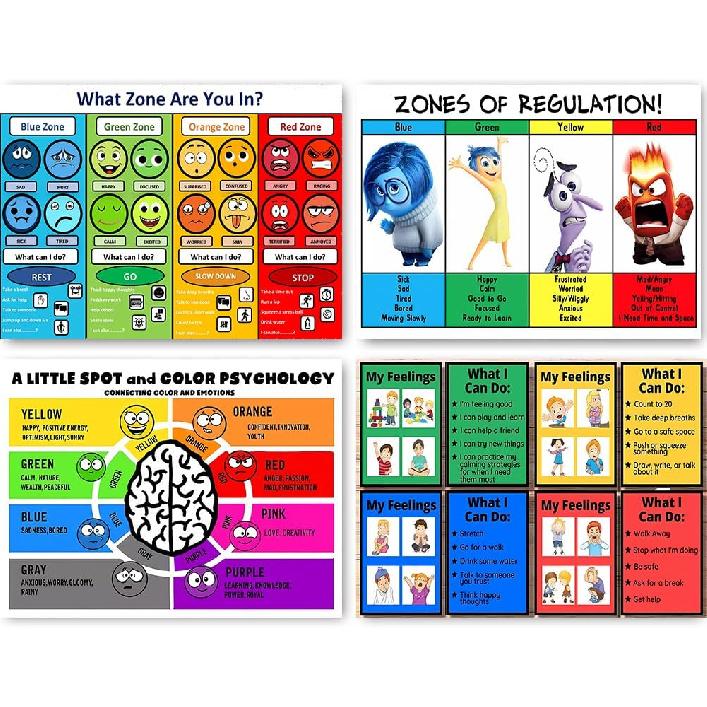 Zones of Regulation Poster, Feelings Posters, Feelings Chart For Kids, Emotions Poster, Autism Sensory Products, Set of 4 (12×18inch)