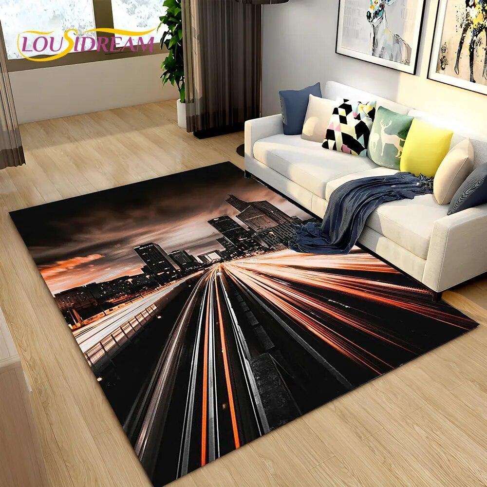 3D Neon Expressway Track Road Area Rug Large,Carpet Rug for Home Living Room Bedroom Sofa Doormat Decor,Kids Non-slip Floor Mat