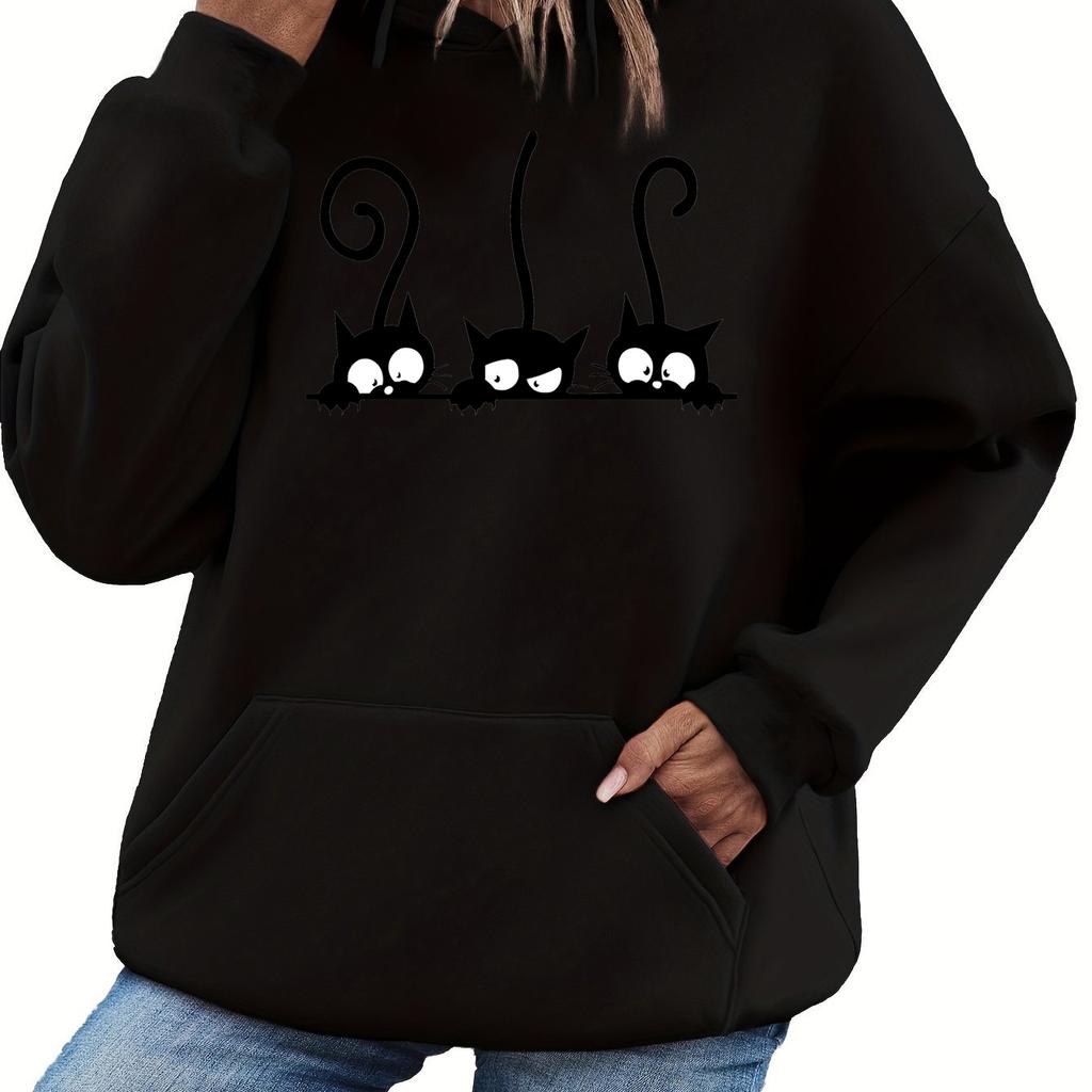 Women's Autumn and Winter Casual Loose Warm Personalized Cat Pattern Printed Suede Long Sleeved Hooded Sweatshirt
