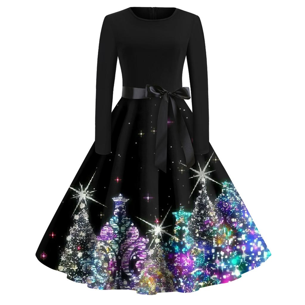 Christmas Print Flare Dress For Women Long Sleeve Dress Hollow Party Casual Dresses