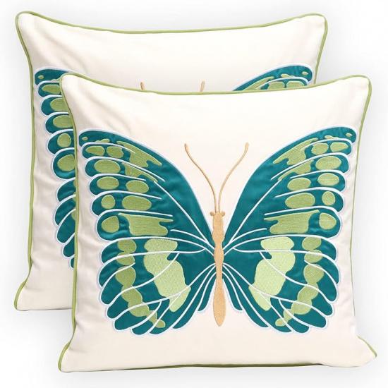 Set of 2 Embroidered Decorative Throw Pillow Covers Couch Square Pillowcases Cushion for Bedroom Sofa Farmhouse Decor 18x18 Inch (Blue Floral)