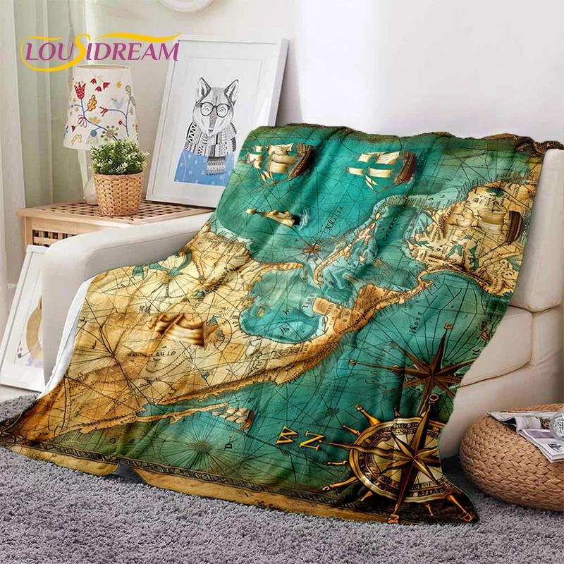 Retro Antike Seekarte Kraft Weltkarte Kompass Weiche Decke, Weiche Überwurfdecke für Zuhause Schlafzimmer Bett Sofa Abdeckung Kind