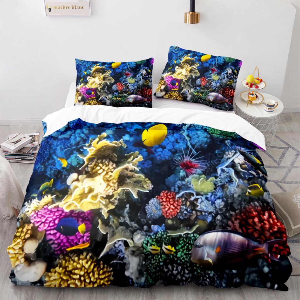 Fish Bedding Set Single Twin Full Queen King Size Marine Life Bed Set Aldult Kid Bedroom Duvetcover Sets 3D Anime Kawaii 013