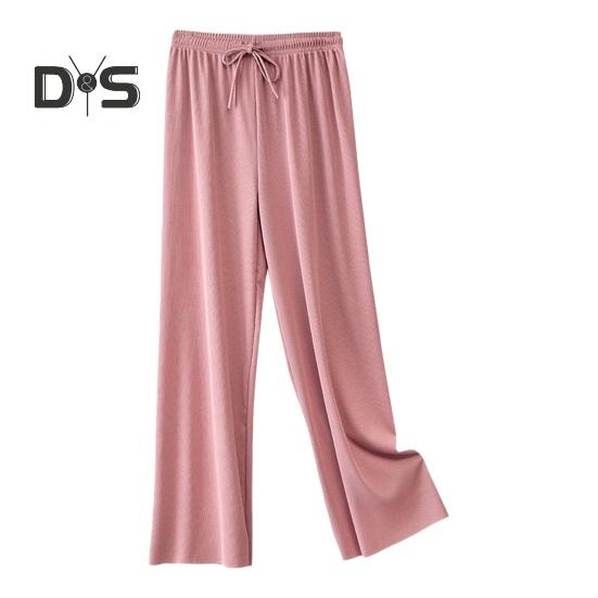 Damen Freizeithose, elastische Taille, verstellbarer Kordelzug, einfarbig, lange Hose aus Eisseide, weites Bein, drapierte Hose, Streetwear
