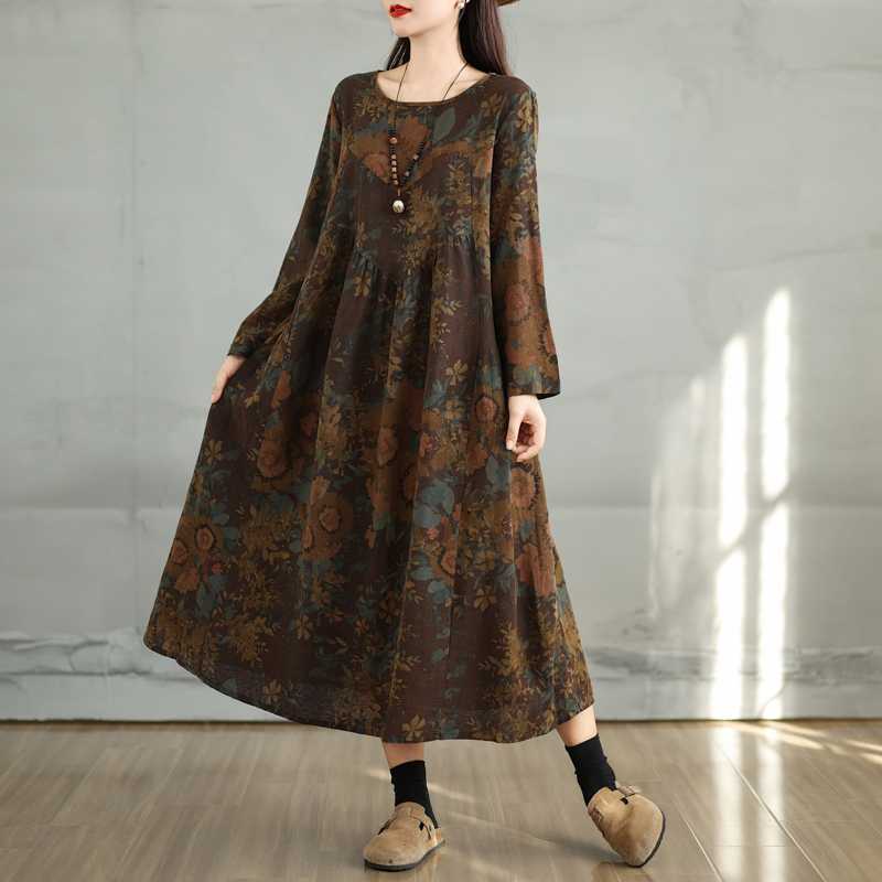 New Vintage Cotton and Linen Print Round Neck Long-sleeved Dress Women Loose Large Size Thin Stitched-A-line Skirt Women