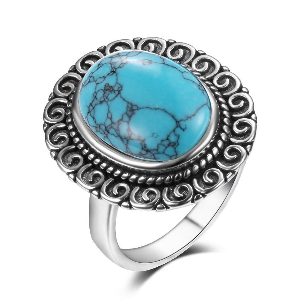 S925 Silver Oval Natural Turquoise Ring for Men and Women