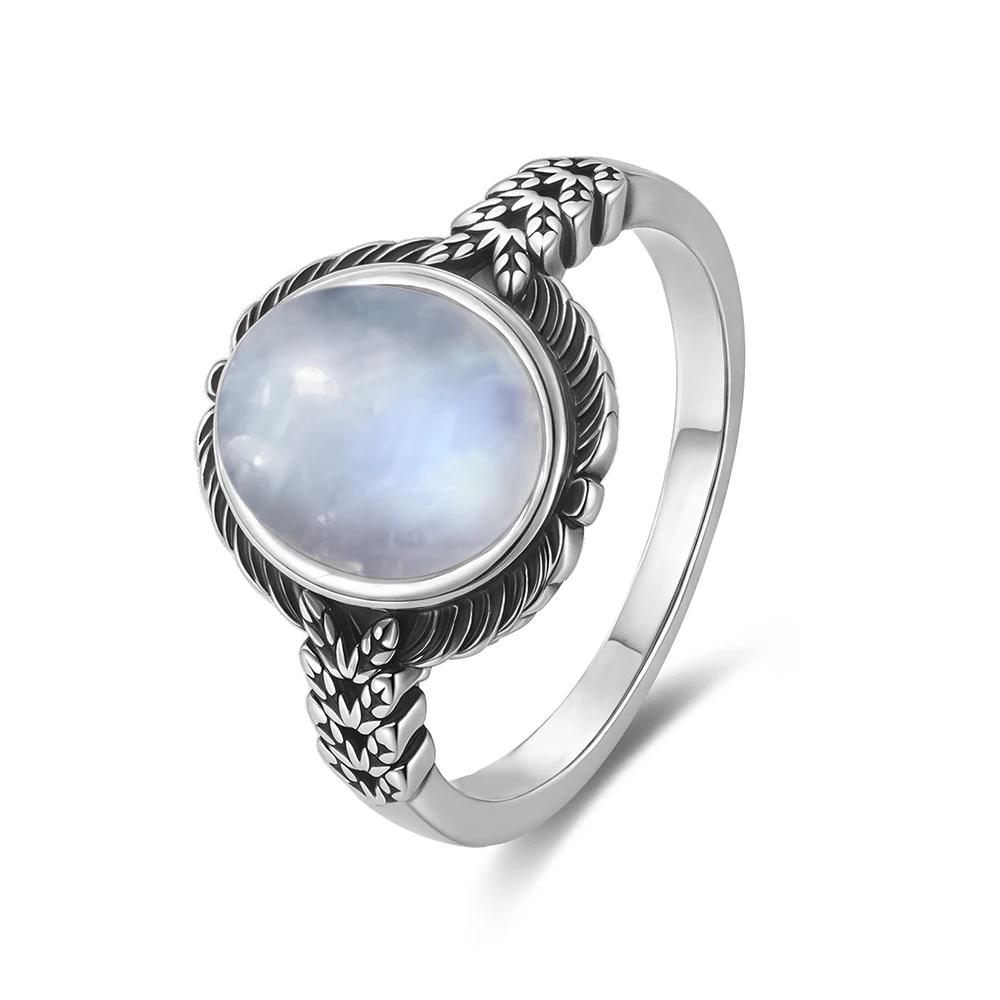 Vintage S Sterling Silver Natural Moonstone Ring Oval 8*10MM Simple Black Twists Ring Party Gifts Fine Jewelry For Women Men