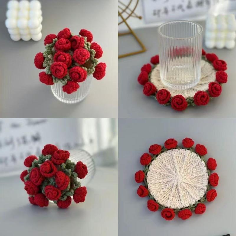 Diy Rose Bouquet Coaster Material Kit Handmade Crochet Flower Placemat Cupmat Home Desktop Potted Plant Ornaments Gift