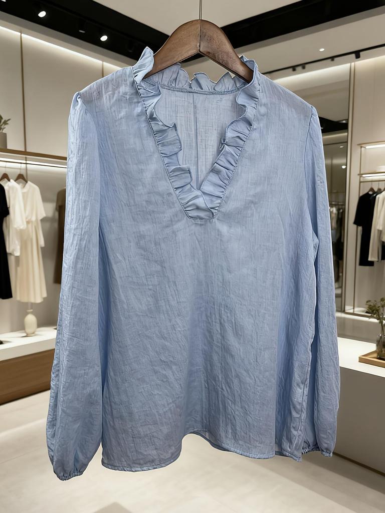 Elegant Retro V-Neck Lantern Sleeve Women's Blouse with Ruffle Details