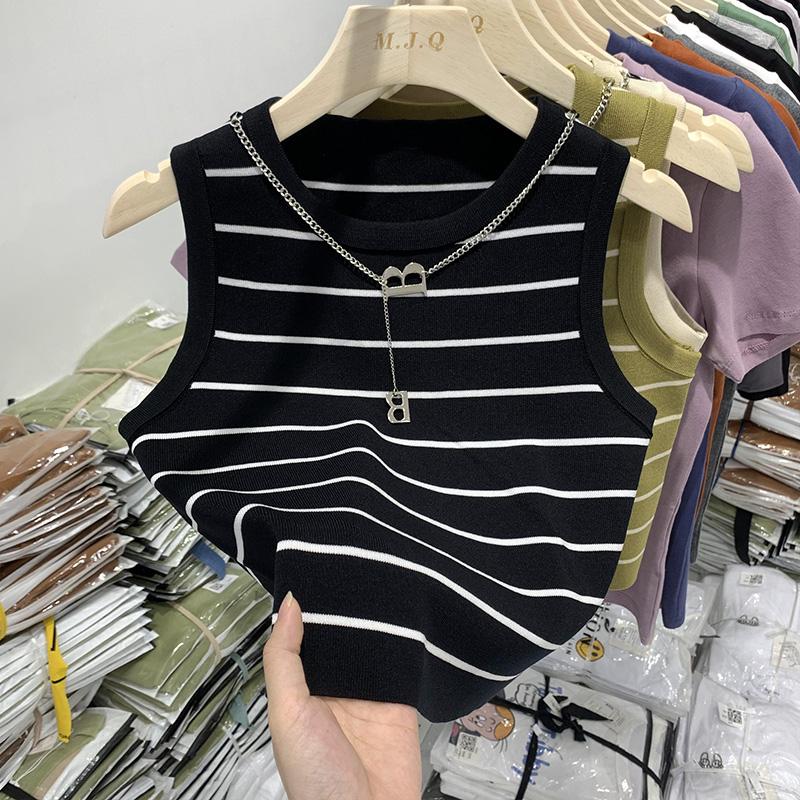 New Waistcoat Women Wear Striped Wide Edge Temperament Summer Top Short Knit Sleeveless Bottom Shirt