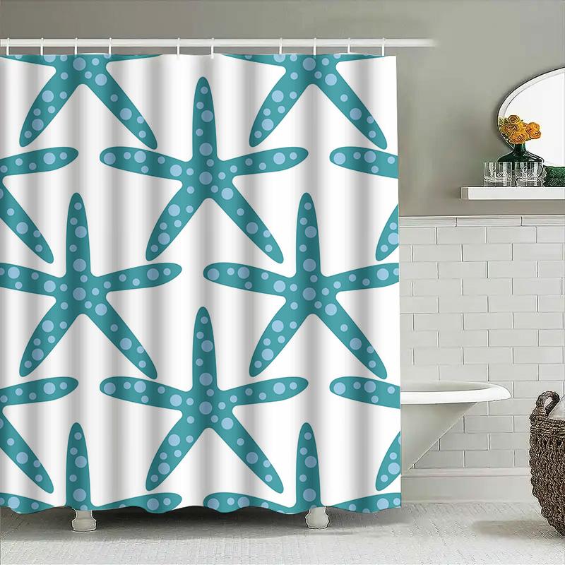 

Sea Starfish Shower Curtain Waterproof Fabric Decorative Blue White Printed Bath Shower Tarpaulin Home Decor (180X245Cm) W60H190(CM)-1 Pcs
