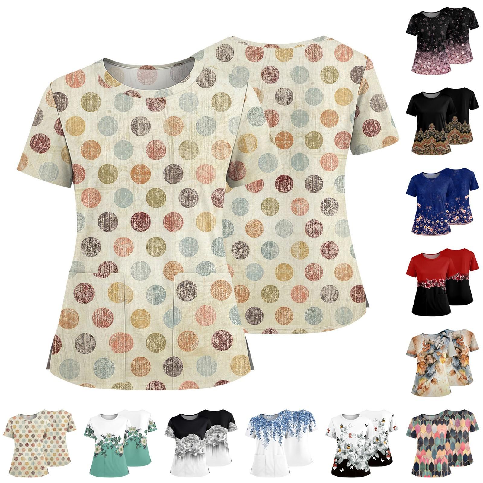 

Women s Fashionable Printed Round Neck Pocket Short Sleeved Shirt With Slit Hem Uniform And Worker s Top M синій