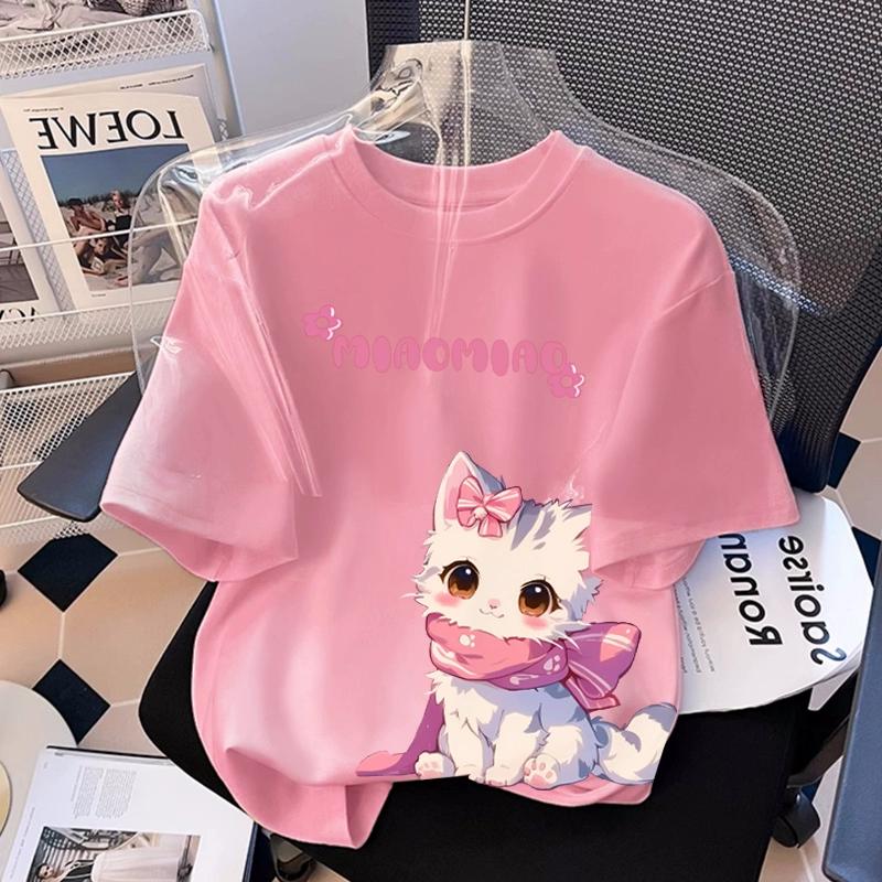 T-shirt Stampata con Grafica di Gatto Cartone Animato per Ragazza Estiva Casual da Donna per Bambini a Maniche Corte Abbigliamento