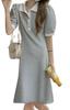 Monoa Short Puff Sleeve Button Collar Mini Lightweight and Size 2XL Women's Knee-Length Two-Tone Dress, Simple, Gray, (n1627)