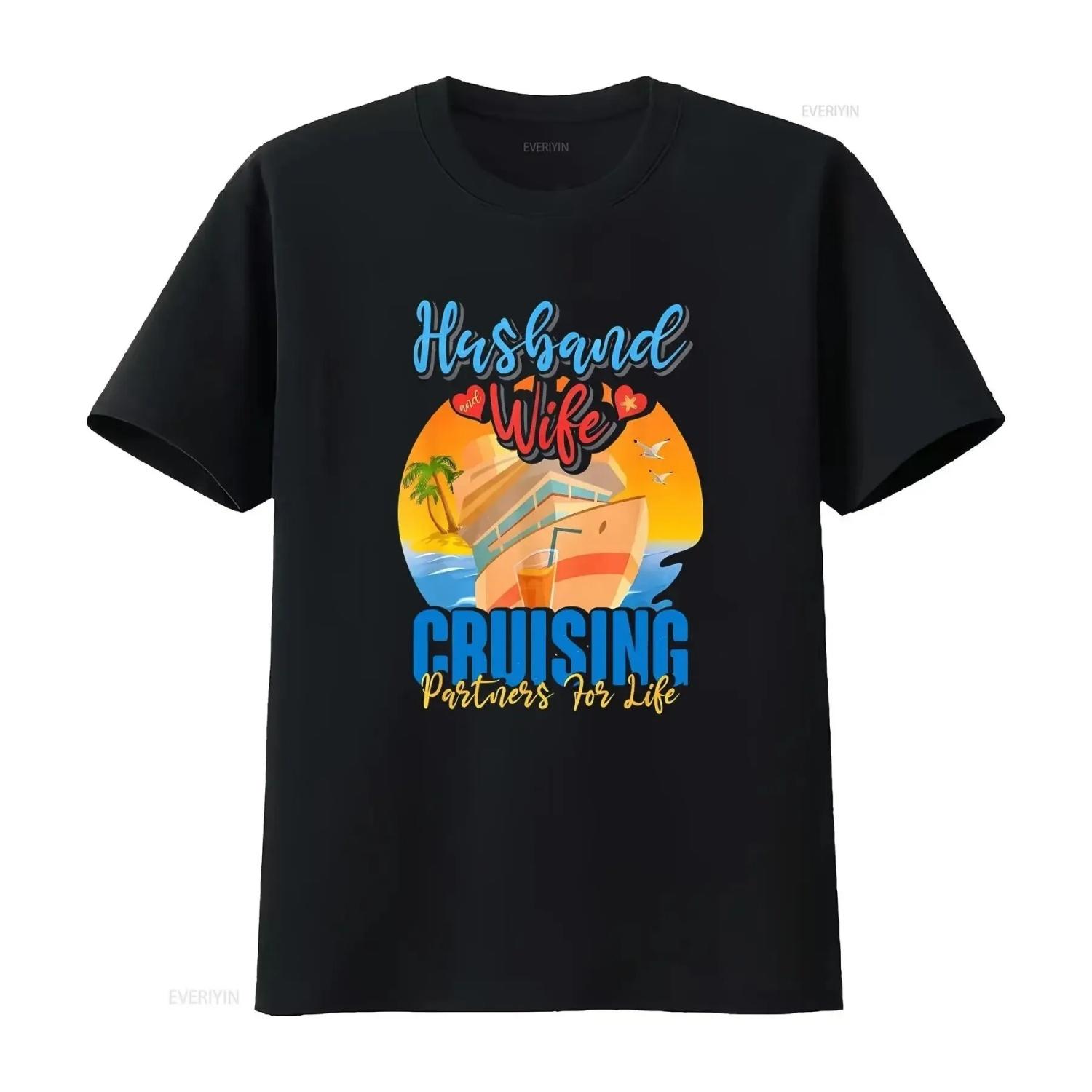 Happy Husband And Wife Cruising Partners For Life T Shirt long sleeves vintage Washed graphic homme Soft Slightly Stylish S чёрный