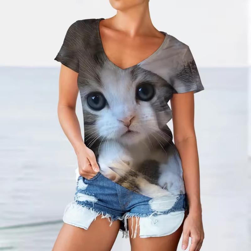 Women V-neck Short Sleeve Casual Fashion Kawaii Graphics T-shirt Oversized Female Girls Clothes 3D Funny Cats Print T Shirts