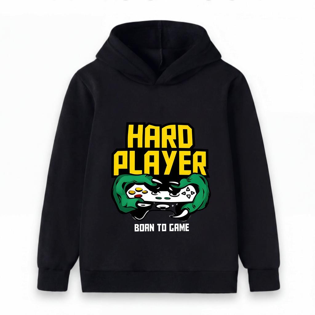 Kids Boys Girls Hard Player Born To Game Print Hoodie Casual Long Sleeve Pullover Sweatshirt For Gaming Lovers