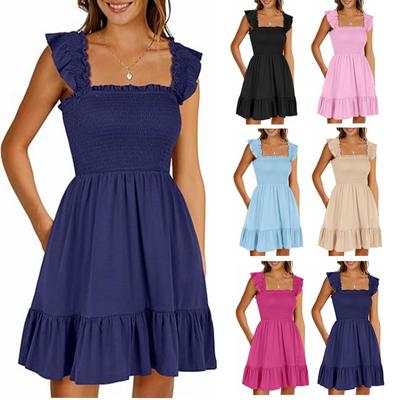 Hot Selling Sleeveless Square Neck Pleated Backless Short Dress for Women