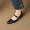 Krazing Pot Microfiber Square Toe Thick Med Heels Spring Summer Shoes Big Size 43 Metal Buckle Women Office Lady Pumps