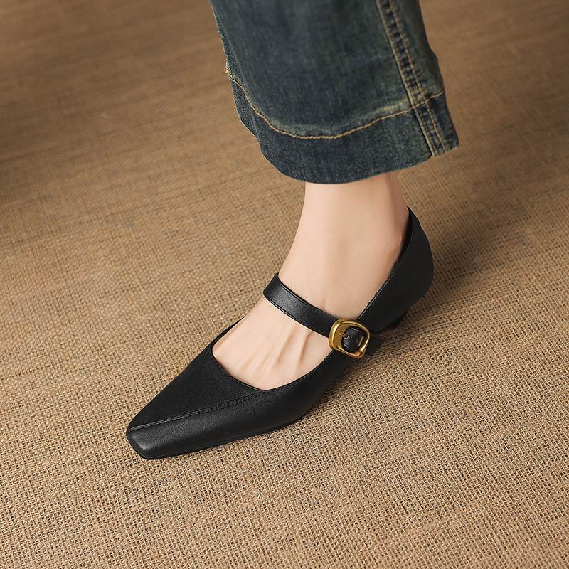 Krazing Pot Microfiber Square Toe Thick Med Heels Spring Summer Shoes Big Size 43 Metal Buckle Women Office Lady Pumps