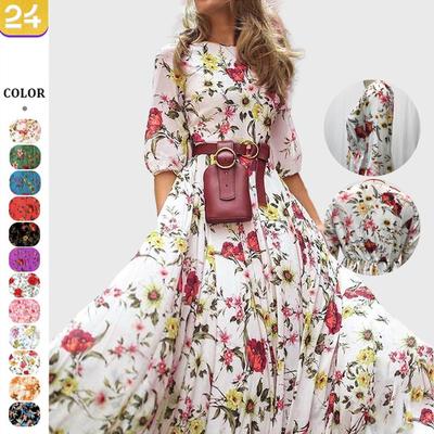 New Summer Ladies Dress, Round Neck Print, Waist, Long-sleeved Temperament, Holiday Style Loose Long Skirt