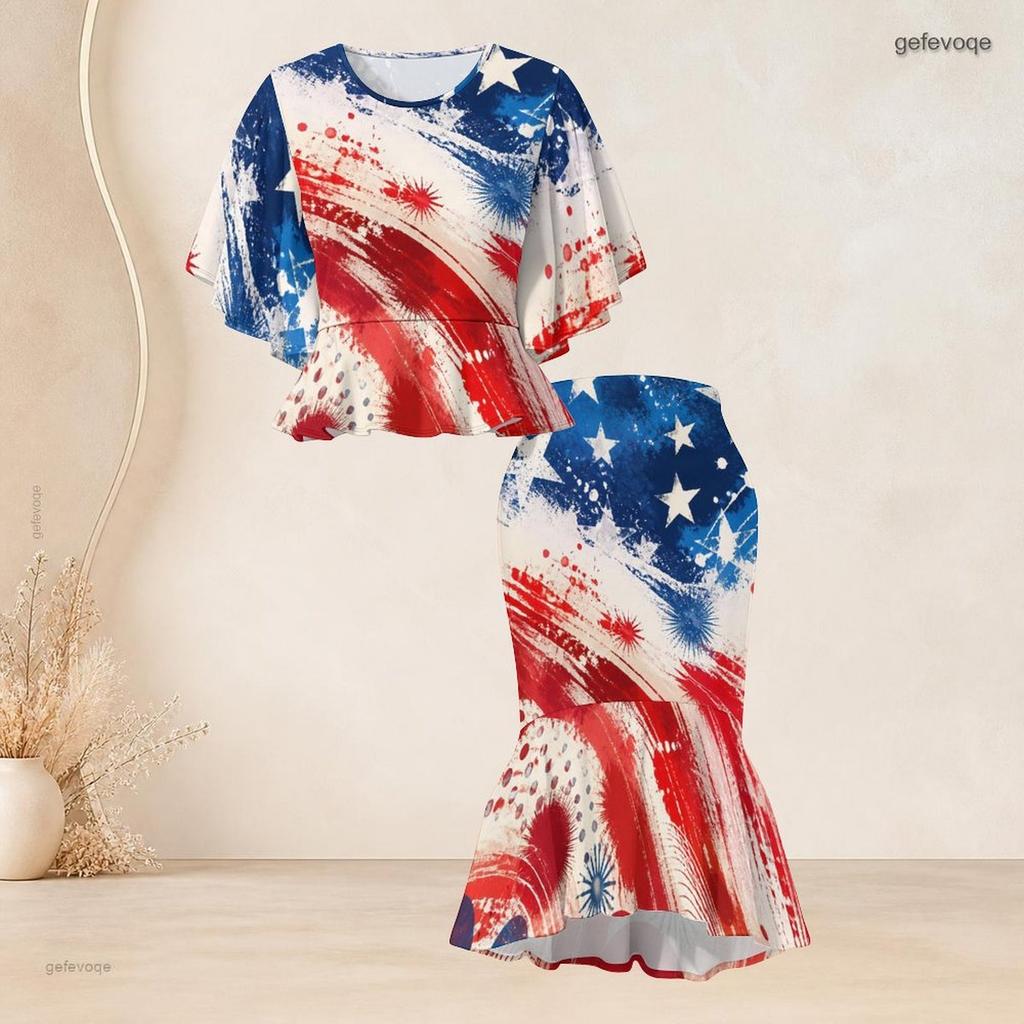 Women Plus Size Two Piece Outfit Round Neck Batwing Sleeve Ruffle Hem Top Fishtail Skirt Printed Red Navy Blue