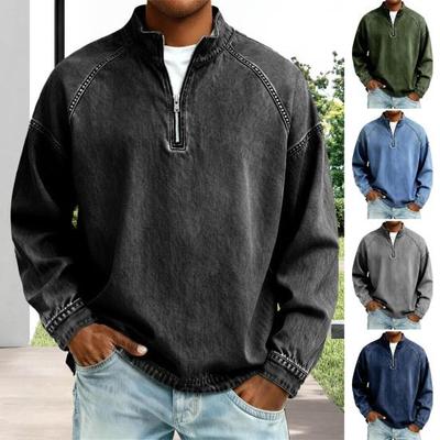Męski dżinsowy pulower z ćwierćzamkiem, stójką, vintage, casualowa bluza, postarzana, luźna, z golfem, koszulka polo do golfa na imprezę, ulicę, wakacje