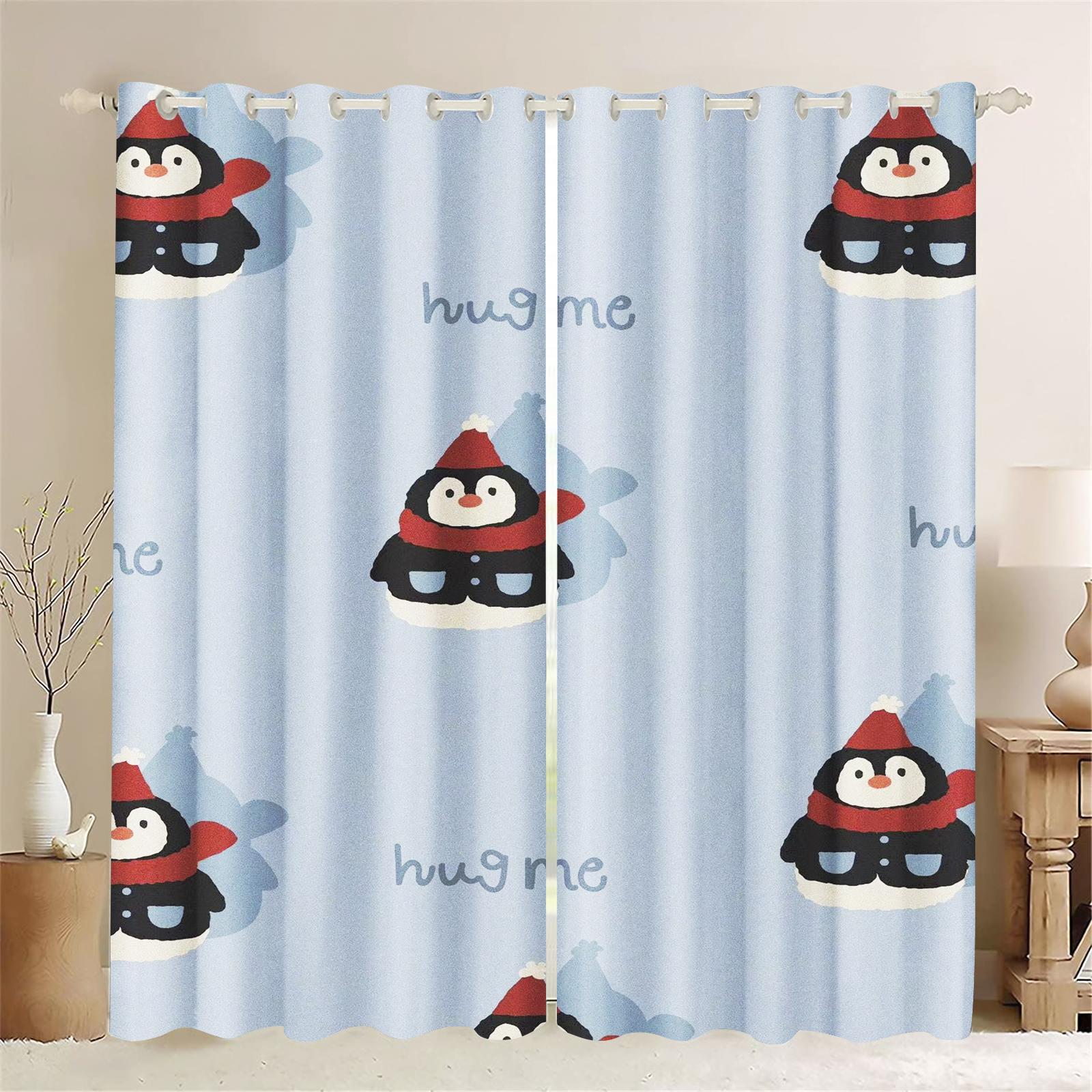 

Light Blocking Curtain Cartoon Penguin Bedroom Window Living Animation Children Room Fashion Style Home Decoration Made Of Polyester Washable Ready W100*H130(CM)-Grommet top&2PCS
