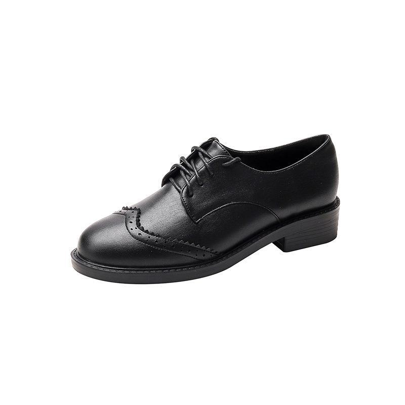 Women's 2024 Autumn British Style Black Leather Lace-Up Flat Loafers with Soft Soles