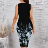 Women Plus Size Sleeveless Round Neck Midi Bodycon Dress Black Base Autumn Leaf Print Slim Fitted Dress