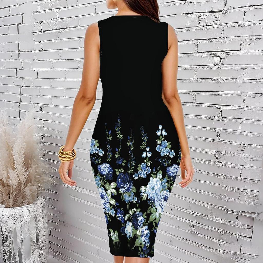 Women Plus Size Sleeveless Round Neck Midi Bodycon Dress Black Base Autumn Leaf Print Slim Fitted Dress
