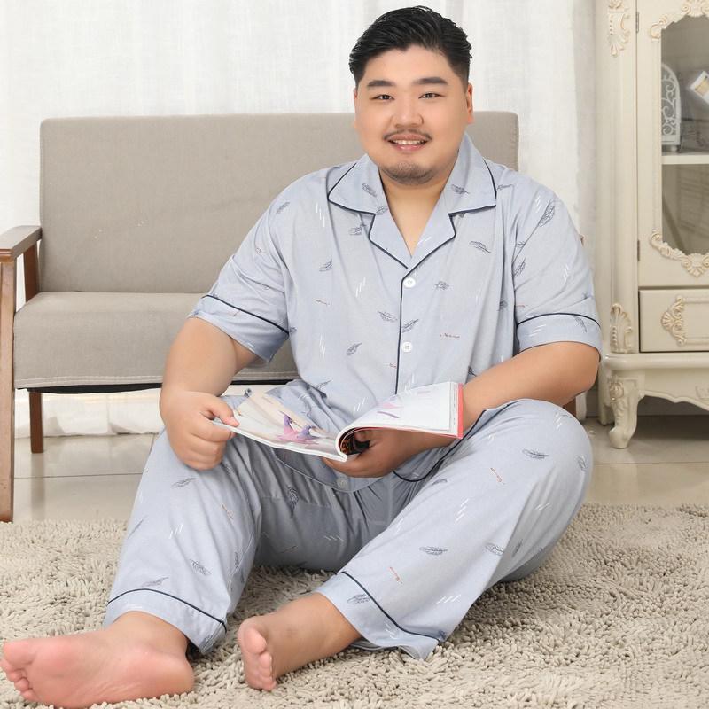 Mei Ji Yun Men's Cotton Lapel Pajama Set - Short Sleeve, Long Pants, Plus Size