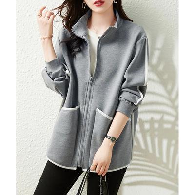Chaqueta holgada informal con cremallera y cuello alto de terciopelo para otoño e invierno para mujer