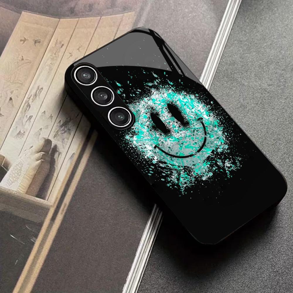 Emoji Light Blue Smile Face PhoneCase Glass PhoneCase for Samsung Galaxy S26 S25 S24 S23 S22 S21 FE Ultra Plus Dropresistant