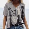 Women's T-shirt Cartoon Cat Print Summer V-neck Kawaii Fashionable Casual T-shirt Short Sleeved Shirt