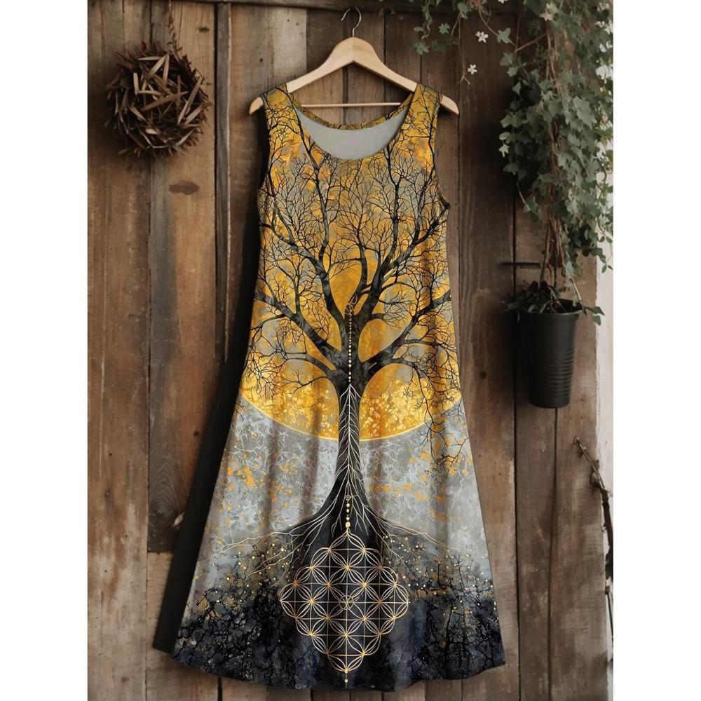 Women Plus Size Sleeveless U Neck Dress Bohemian Print Knee Length Midi Dress Beach Vacation S
