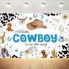 A Little Cowboy Is On The Way Photography Backdrop Cow Print Cactus Western Boy Baby Shower Party Photo Banner