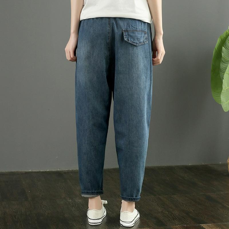 Elastic Waist Denim Harem Pants Women Loose Large Size Fat Mm Women's Pants Denim Nine-point Pants Women