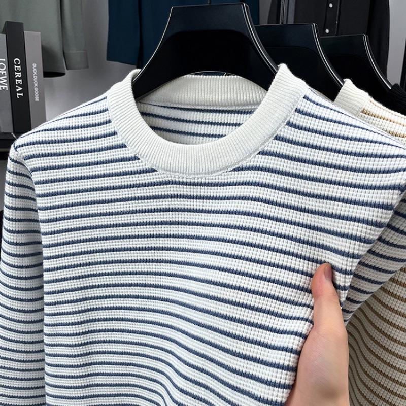 Men s 2025 Winter Color-block Striped Round-Neck Knit Pullover Base Layer Shirt XL