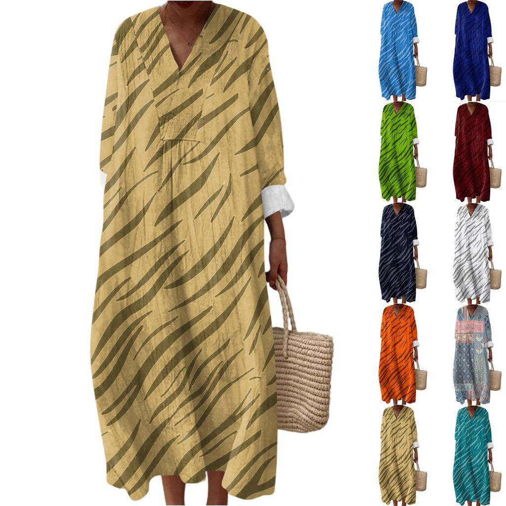 Women's Casual Fashion V-Neck Long Sleeve Floral Print Maxi Dress