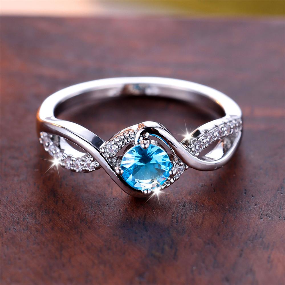 Trendy Water Blue Zircon Round Stone Vintage Silver Color Wedding Bands Engagement Rings For Women Men Minimalist