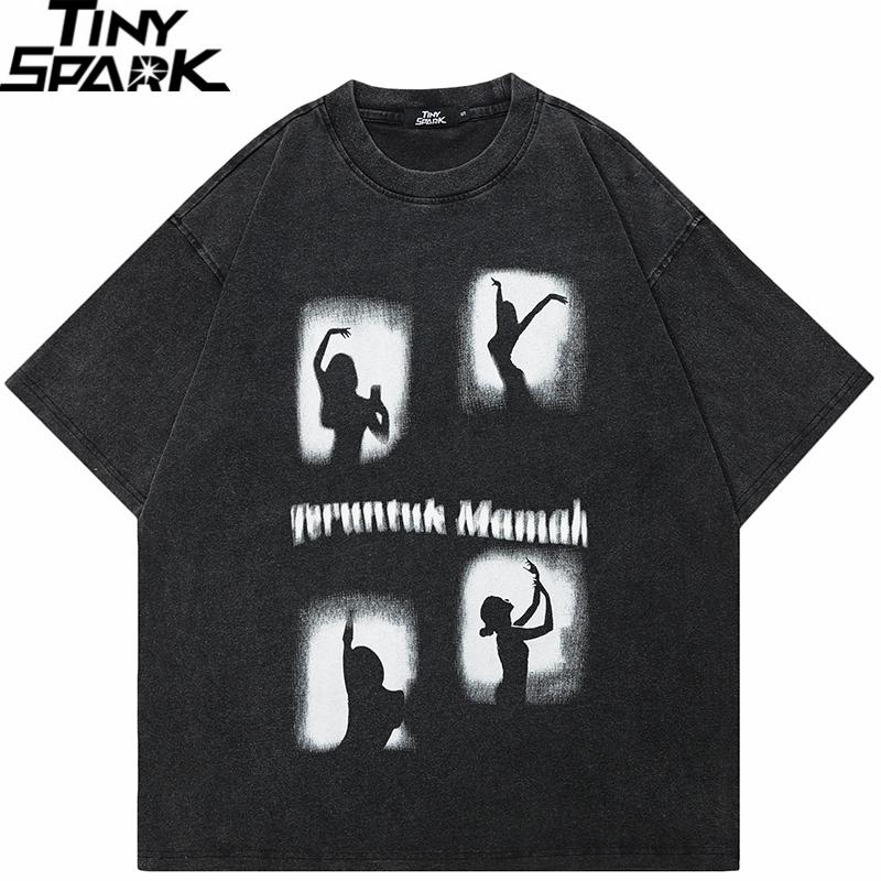 Hip Hop Vintage Washed Black TShirt Streetwear Dancing Graphic T Shirt Cotton Unisex Tshirt Men Relaxed Tops Tees Hipster S разноцветный