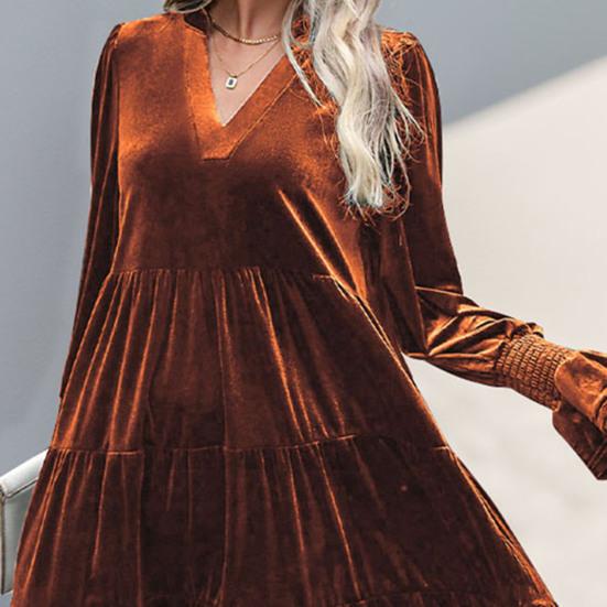 Spring Fall Women Dress Golden Velvet V Neck Pleated Patchwork Long Sleeves A-line Solid Color Knee Length Dating Shopping Midi Dress