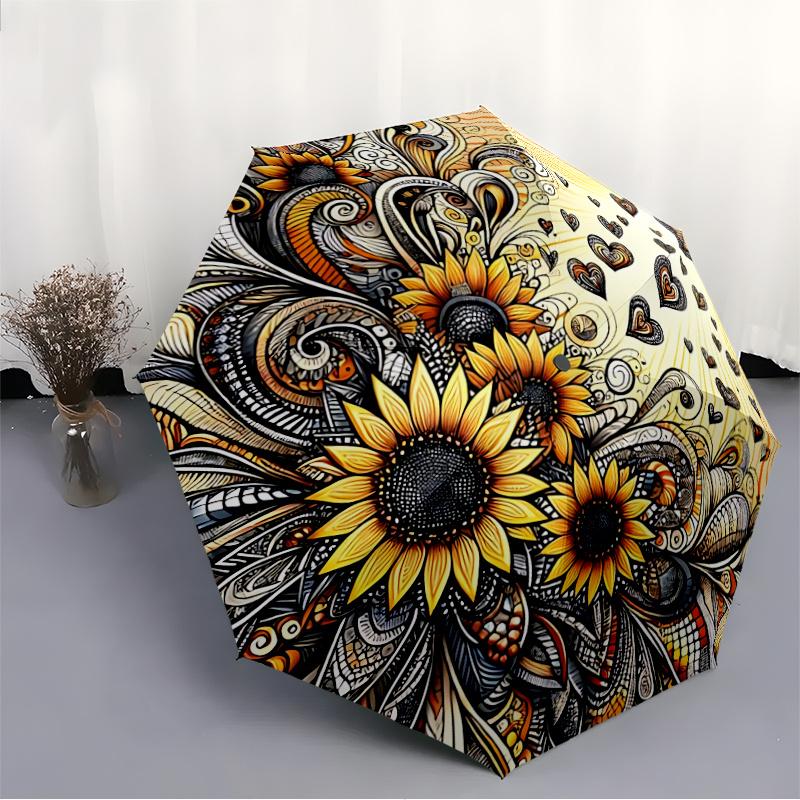 1pc Sunflower Hearts Automatic Open/close Umbrella, 8-Rib Sturdy Structure, Portable Travel Umbrella, Parties, Everyday Usel058
